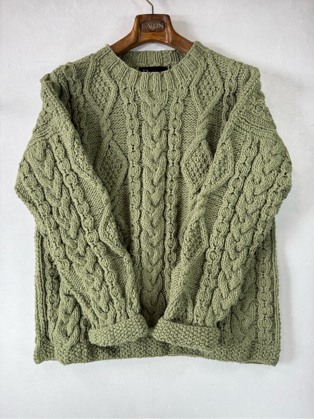Pure Handknit Wool Olive Green Cable Knit Crewneck Sweater Medium